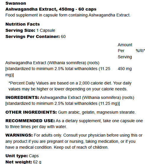 Ashwagandha Extract Swanson (60kaps.)