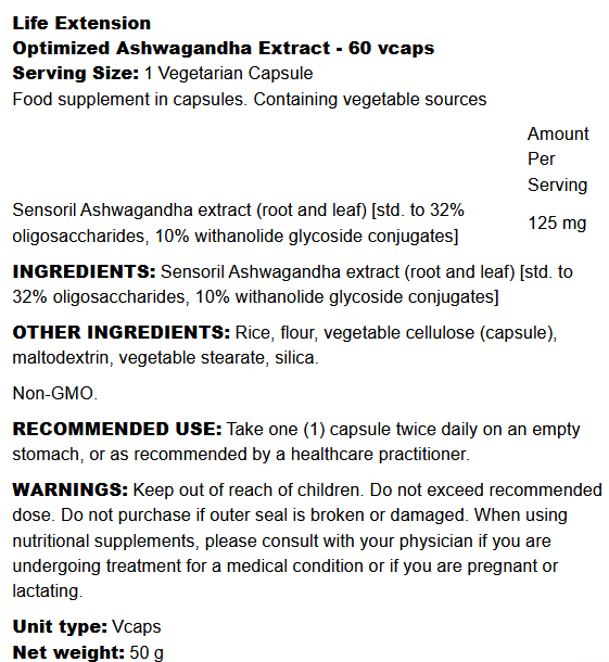 Optimized Ashwagandha Extract Life Extension (50g)