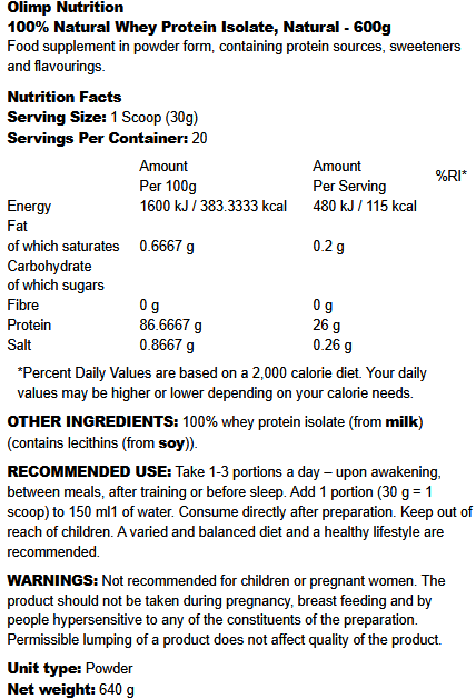 100% Naturalus Whey Proteinas Isolate (600g)