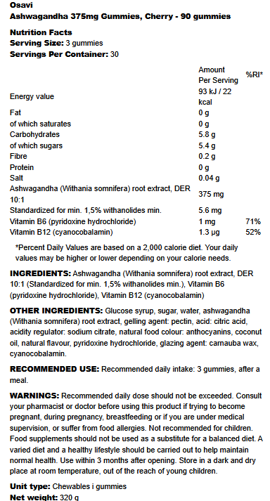 Ashwagandha 375mg Gummies Osavi (90gum.)