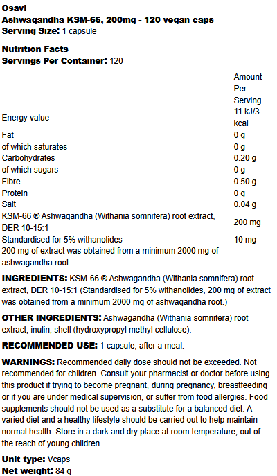Ashwagandha KSM-66 Osavi  (120 vegan caps) (84g)